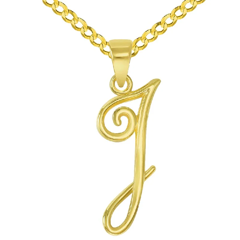 women luxury necklaces -14k Yellow Gold Elegant Script Letter I Cursive Initial Pendant with Concave Cuban Link Curb Chain Necklace