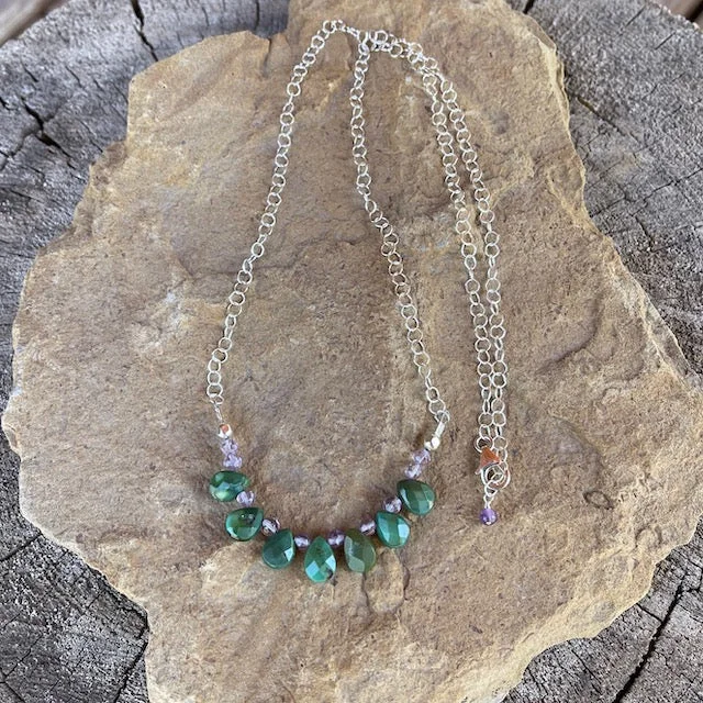 women rhinestone necklaces -Turquoise drops with amethyst on sterling chain necklace