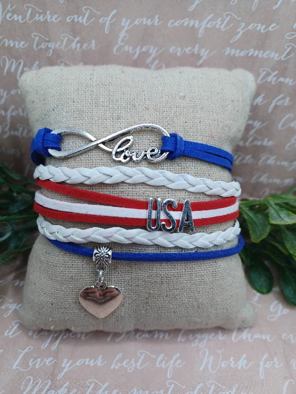 women leather bracelets -Layered Love USA Bracelet/Anklet w/ Heart Charm