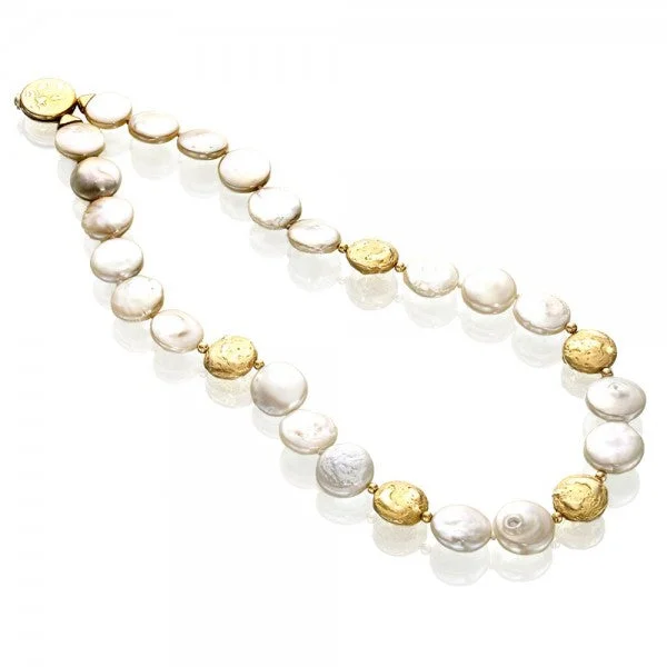 women handmade necklaces -Romantic Culltured Freshwater Coin Pearl & Gold Nugget Necklace