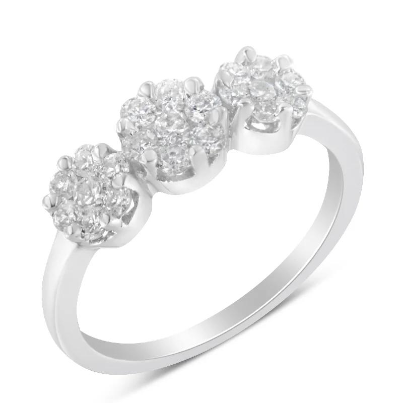 cushion cut halo engagement rings -14K White Gold Three-Stone Cluster Diamond Ring