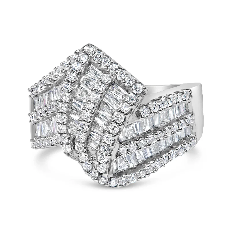 luxury diamond engagement rings -14K White Gold 1-1/2 Cttw Round and Baguette Diamond Bypass Cocktail Ring Band