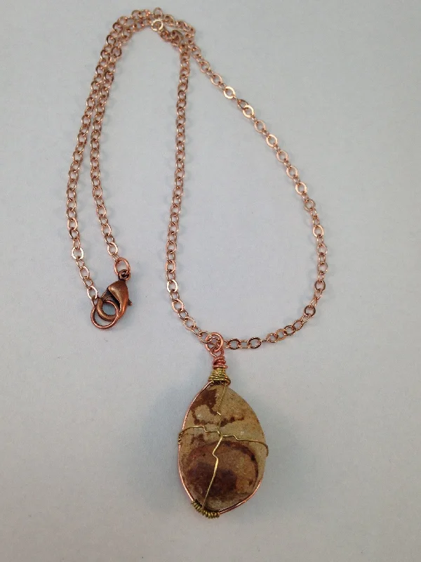 women long gold necklaces -Brass and copper wire wrapped Durango Trails stone pendant necklace