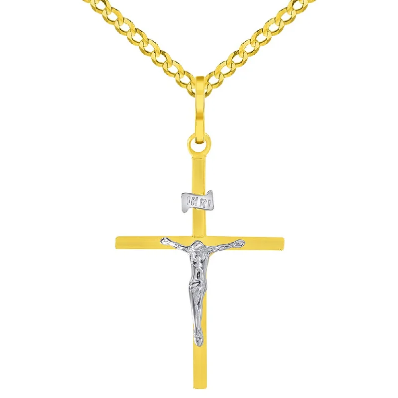 women wedding necklaces -14k Two-Tone Gold Simple Catholic INRI Jesus Crucifix Pendant with Cuban Curb Chain Necklace