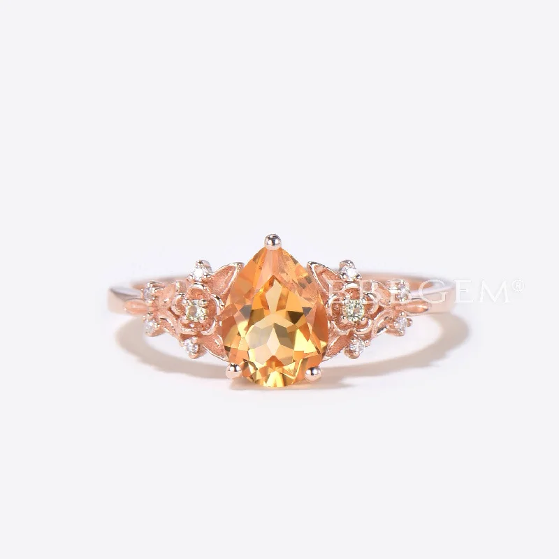 men custom engagement rings -Citrine Engagement Ring Rose Gold Floral Diamond Wedding Ring