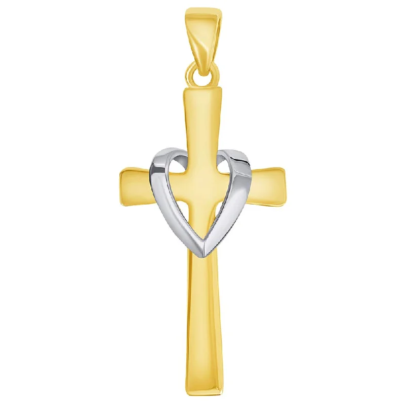 women pearl drop necklaces -14k Solid Two-Tone Gold Religious Heart Cross Pendant