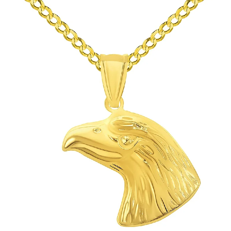 women modern necklaces -14k Yellow Gold Polished 3D Bald Eagle Head Animal Pendant with Cuban Curb Chain Necklace