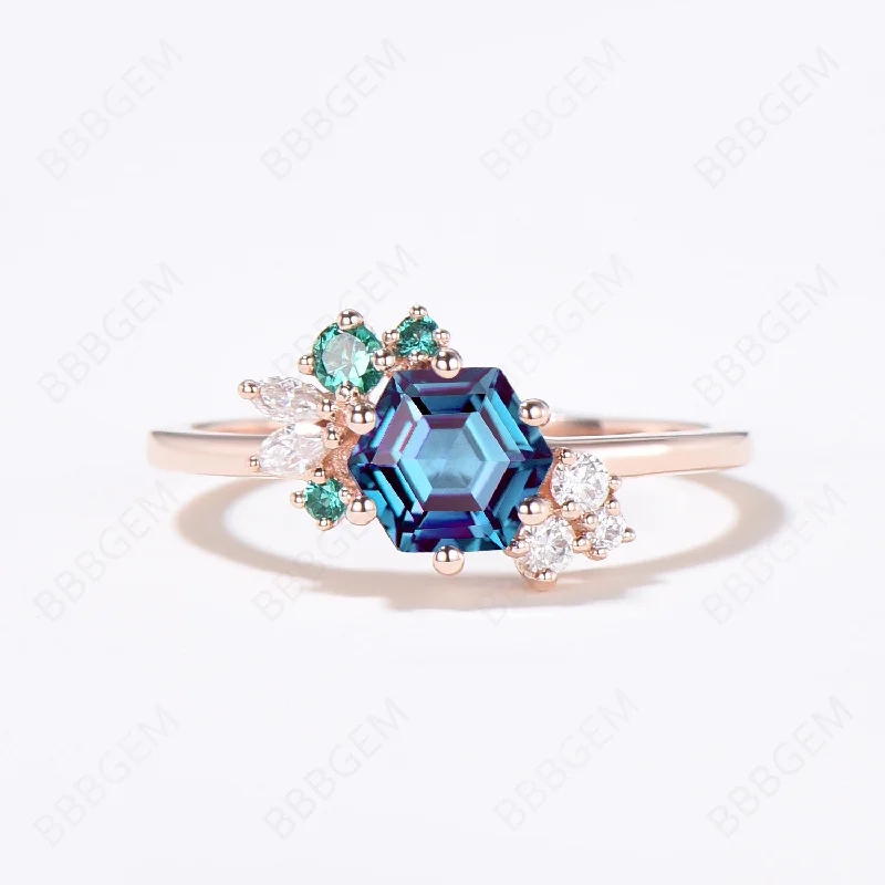 oval engagement rings -June Birthstone Ring Hexagon Cut Cluster Color Change Alexandrite Engagement Ring Vintage 14k Gold Moissanite Emerald Promise Ring