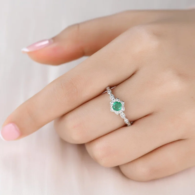 engagement rings with matching wedding band -Dainty Natural Emerald Engagement Rings For Mother Scalloped Band 5mm Round Floral