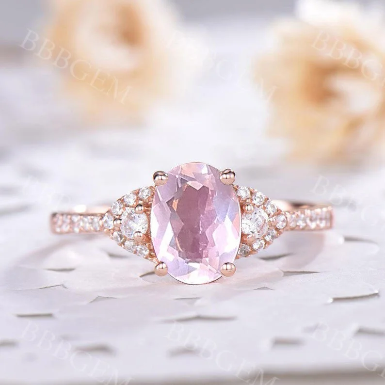 stackable engagement rings -1.5 Carat Vintage Rose Quartz Engagement Ring Diamond Wedding Band