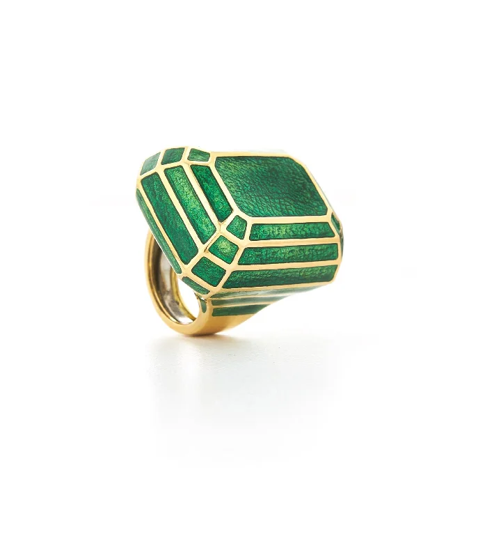 women anniversary rings -Solitaire Ring, Green Enamel