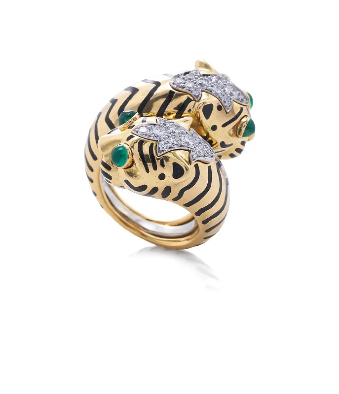 women vintage wedding bands -Crossover Tiger Ring, Emerald, Black Enamel