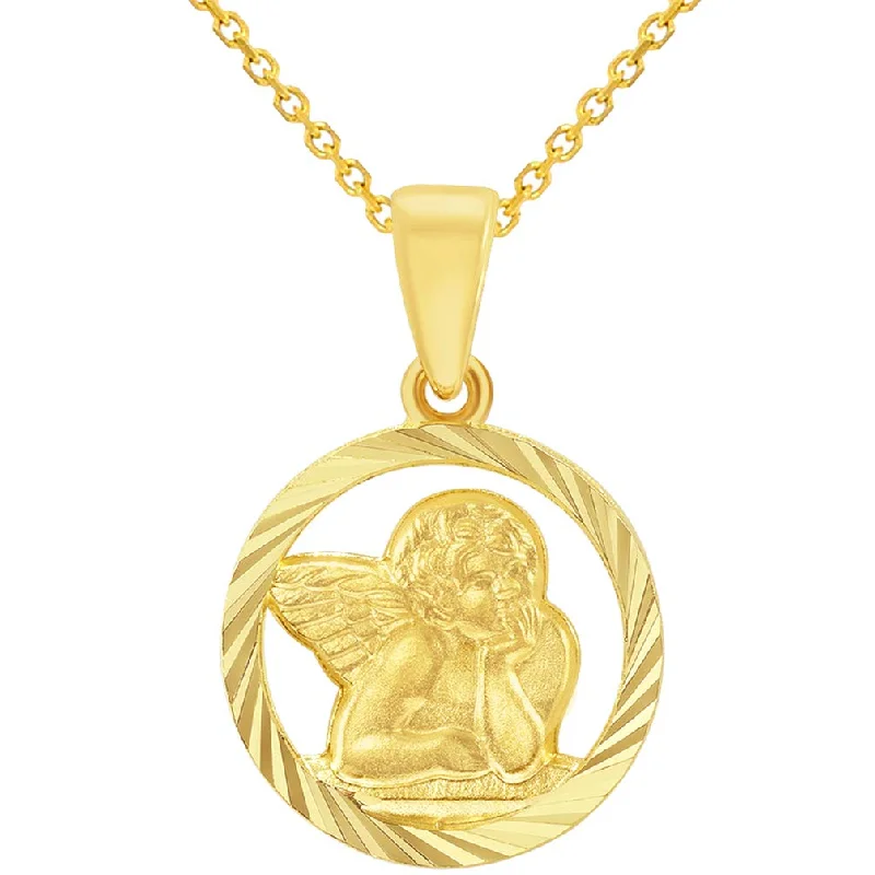 women artistic pendant necklaces -14k Yellow Gold Textured Open Round Guardian Angel Pendant Necklace