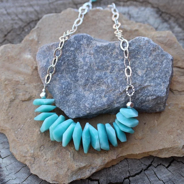 women bracelet and necklace sets -Bib-style statement necklace with amazonite tiles and sterling silver chain