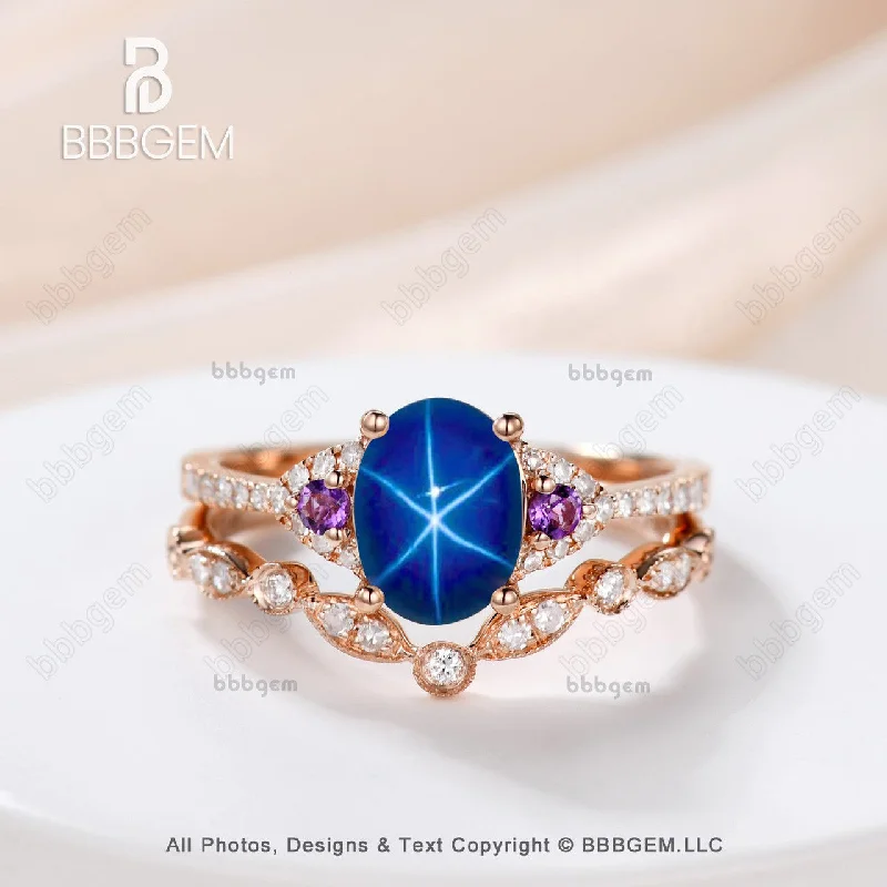 women solitaire engagement rings -Oval Lindy Blue Star Sapphire Engagement Ring Cluster Diamond Wedding Ring