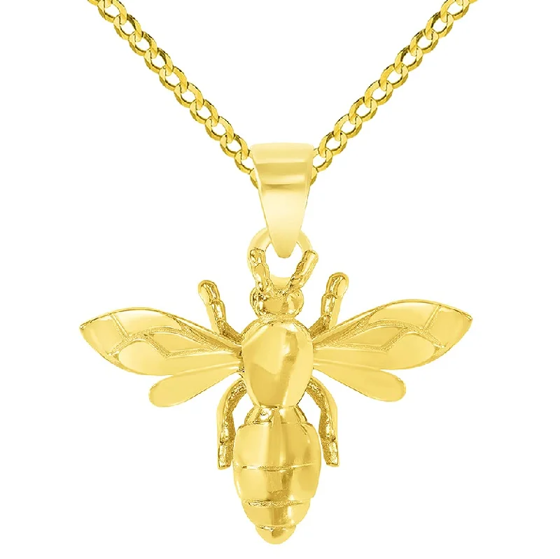 women artistic pendant necklaces -14k Yellow Gold 3D Honey Bee Charm Bumblebee Insect Pendant with Cuban Curb Chain Necklace