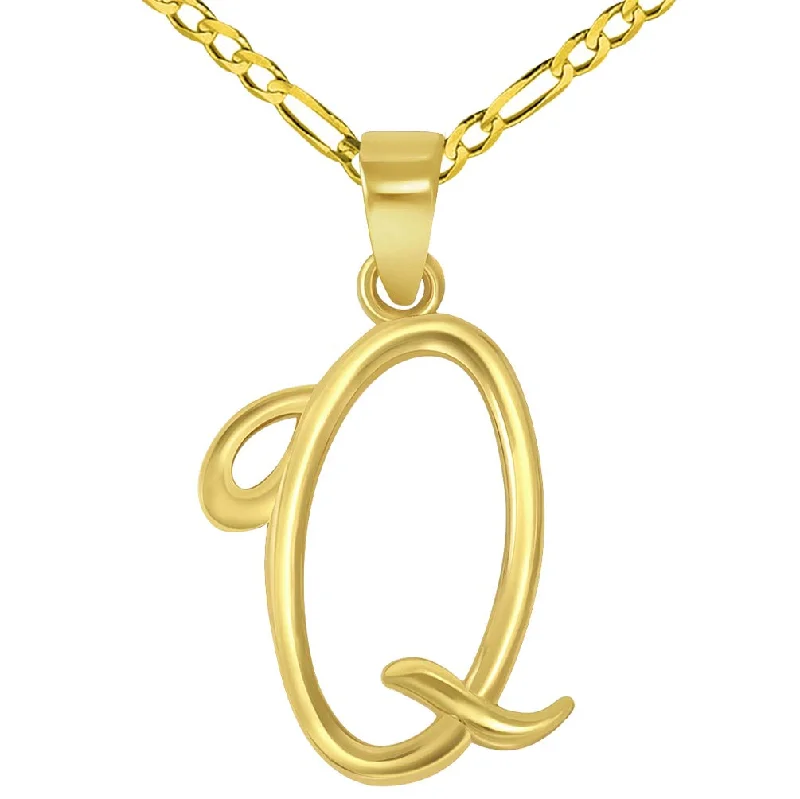 women silver necklaces -14k Yellow Gold Elegant Script Letter Q Cursive Initial Pendant with Figaro Chain Necklace