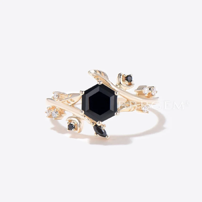 sapphire engagement rings -10k Gold Black Onyx Engagement Ring Hexagon Cut Wedding Ring