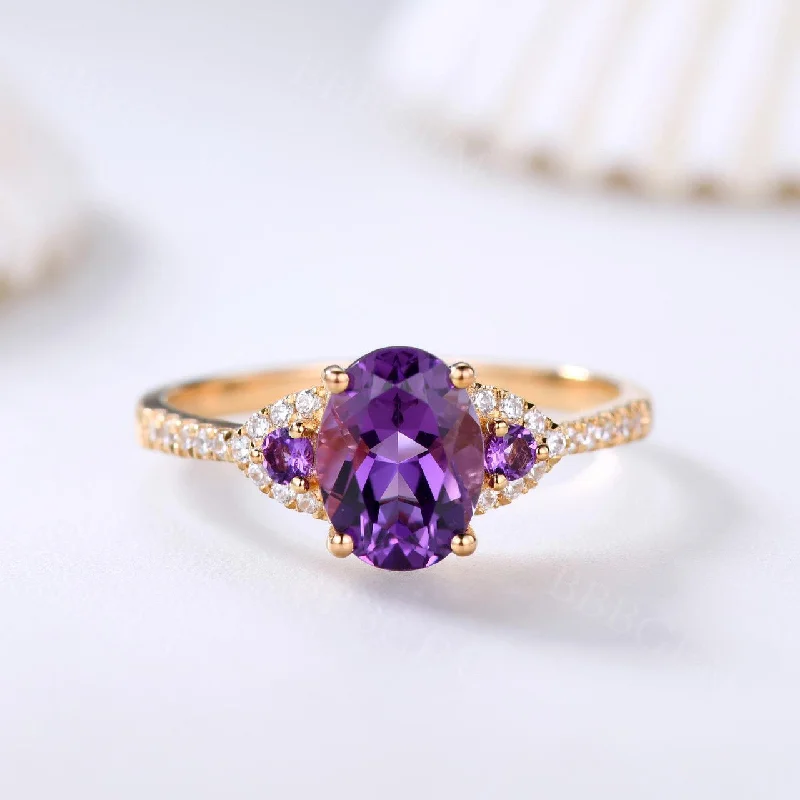 14k engagement rings -Vintage 6x8mm Oval Cut Amethyst Diamond Engagement Ring In Yellow Gold