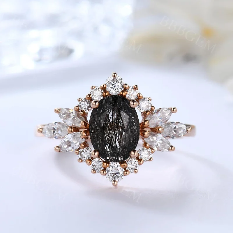 heart-shaped engagement rings -Oval Cut Black Rutilated Quartz Engagement Ring Marquise Moissanite Cluster Halo