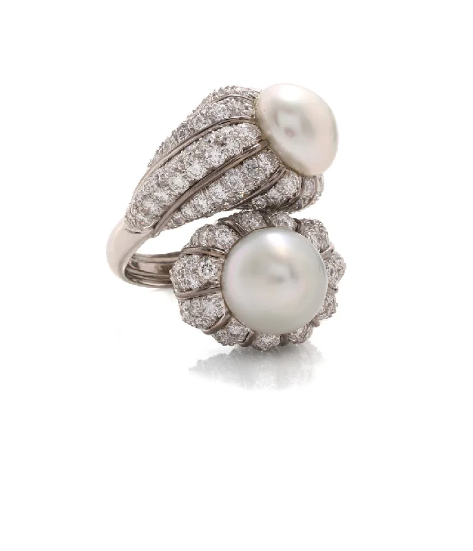 women vintage-style rings -Crossover Pearl and Diamond Ring