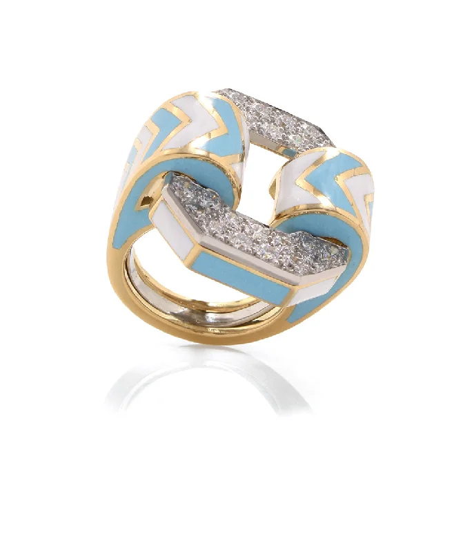 women men’s rings -Small Chevron Ring, Light Blue and White Enamel