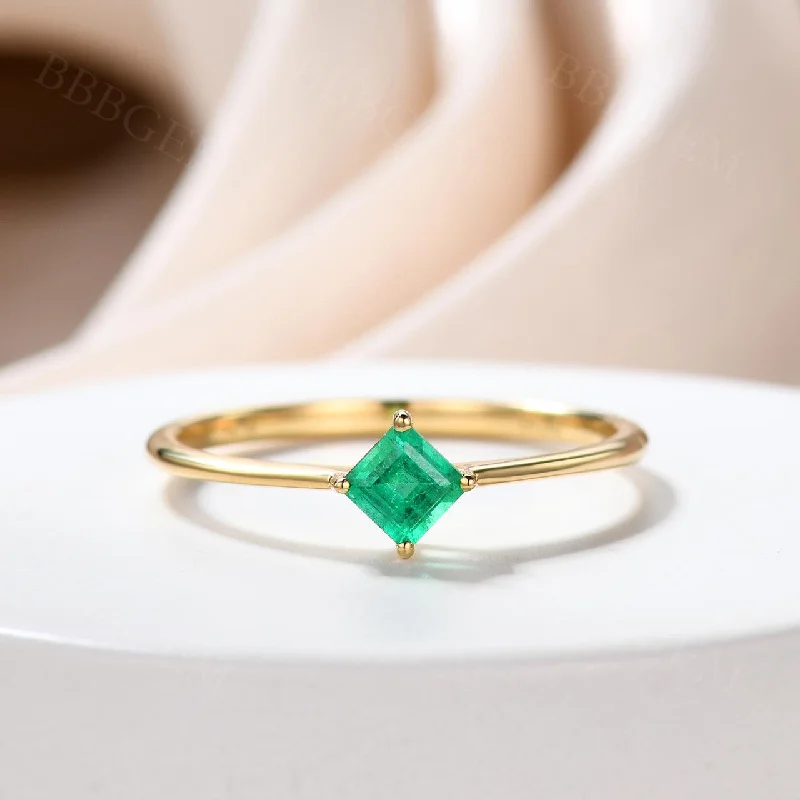 rose gold engagement rings -3.5mm Square Princess Cut Natural Emerald Dainty Ring Solitaire Style Thin Band 18K Yellow Gold 0.28ct