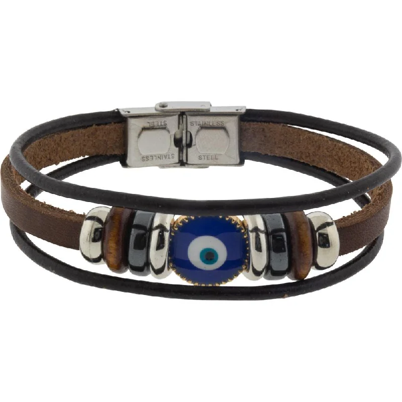 women multicolor bangles -Leather Protection Bracelet - Evil Eye - Triple Row Brown