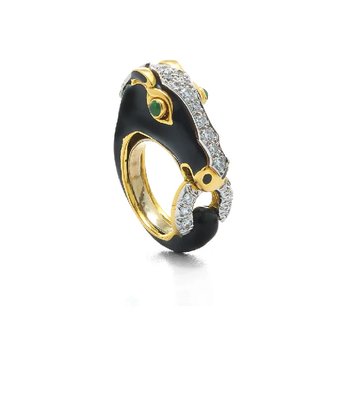 women two-tone rings -Horse Ring, Black Enamel, Emerald