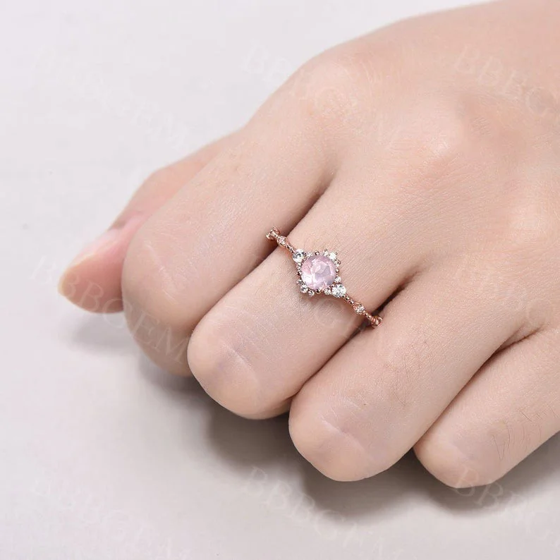 princess cut solitaire engagement rings -0.5 Carat Round Cut Dainty Diamond Rose Quartz Engagement Ring Rose Gold