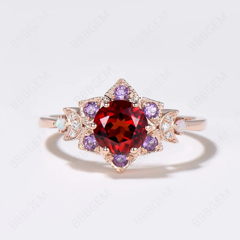 diamond wedding engagement rings -Floral Red Garnet Engagement Ring Moon Halo Amethyst Ring