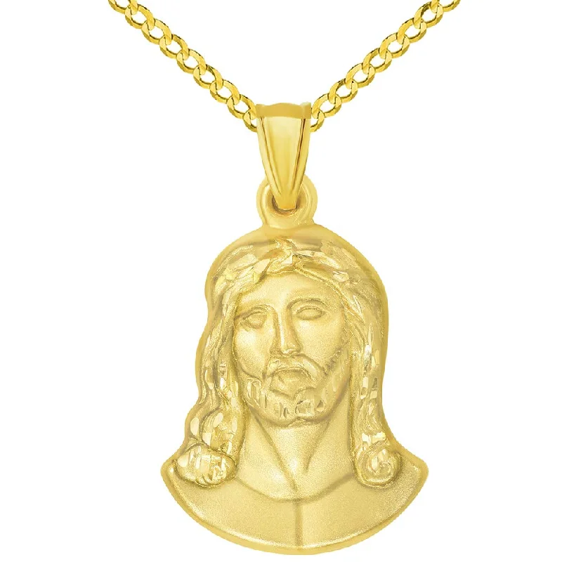 women thick chain necklaces -14k Yellow Gold Head of Jesus Christ Neck Up Profile Pendant with Cuban Curb Chain Necklace