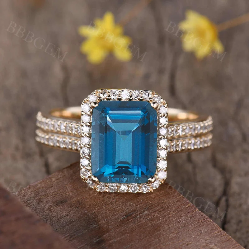 women classic engagement rings -Diamond Halo 8x10mm London Blue Topaz Engagement Ring Emerald Cut 4mm Diamond Band