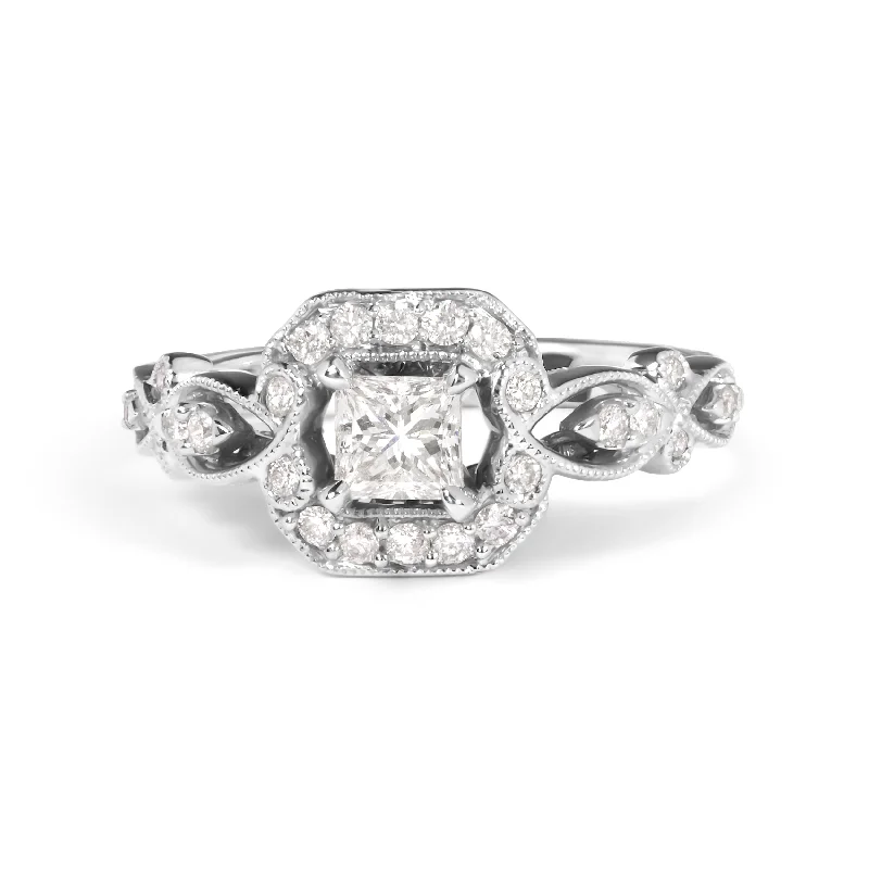 cushion diamond engagement rings -14K White Gold Diamond 3/4 Cttw Diamond Halo Style and Woven Shank Engagement Ring