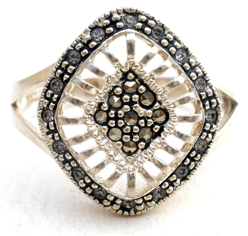 women cushion diamond rings -Sterling Silver Marcasite & CZ Ring Size 10