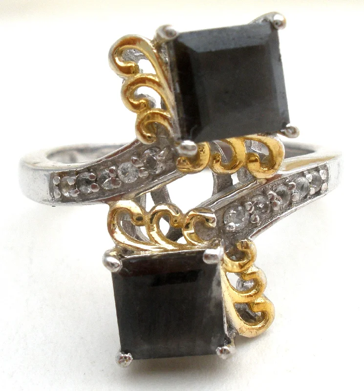 women vintage wedding bands -Black Agate & Crystal Ring 925 Chuck Clemency Size 9