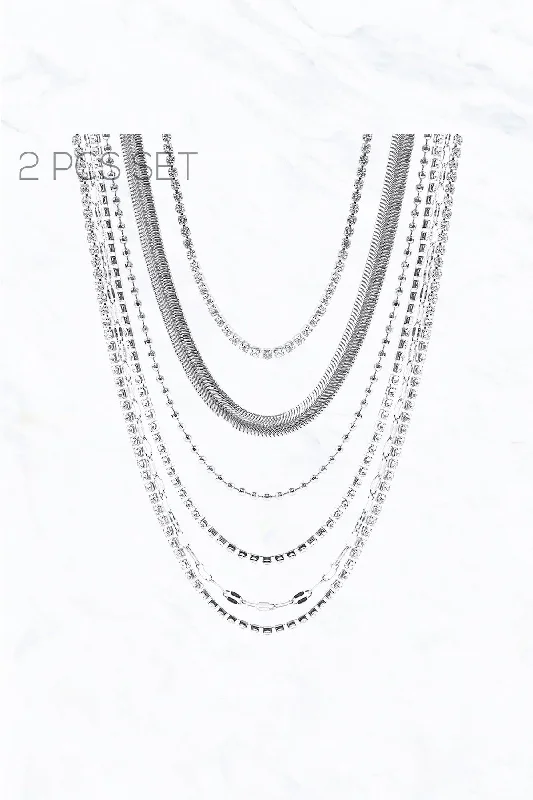 women diamond studded necklaces -2 Piece Silver Rhinestone Choker Multi Layer Necklace