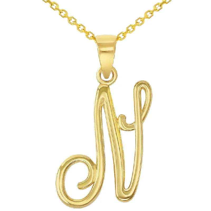 women crystal necklaces -14k Yellow Gold Elegant Script Letter N Cursive Initial Pendant Necklace