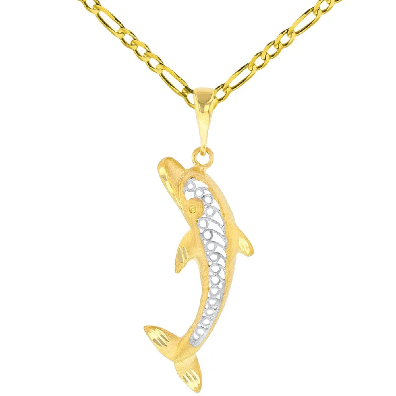 women pearl pendant necklaces -14K Yellow Gold Filigree Jumping Dolphin Charm Animal Pendant with Figaro Chain Necklace