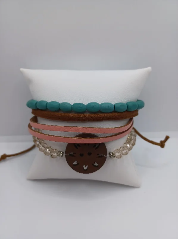 women gold bangles -Brown Leather Style Urban Pull Bracelet w/ Wooden & Turquoise Beading