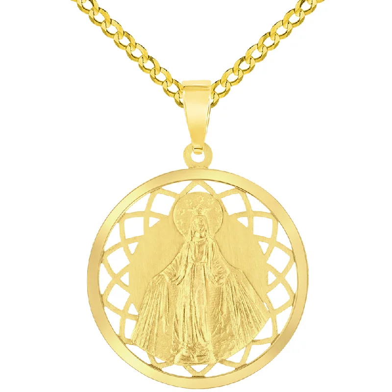 women vintage-style necklaces -14k Yellow Gold Round Open Ornate Miraculous Medal of Virgin Mary Pendant with Cuban Chain Curb Necklace