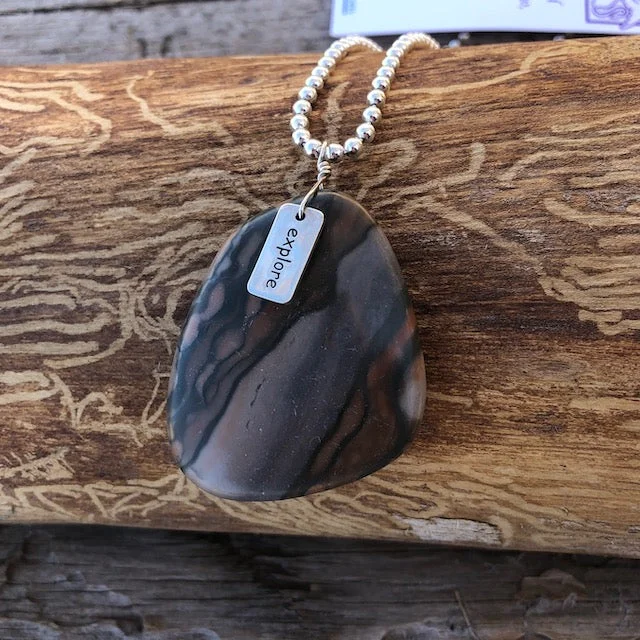 women large pendant necklaces -Adventure series agate stone pendant necklace with sterling "explore" charm