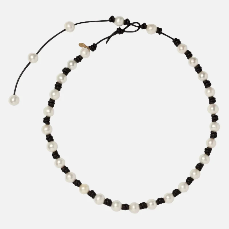 women delicate necklaces -The Classic Knotted Pearl and Leather Necklace with Tail