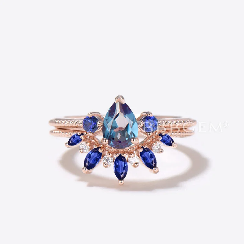 platinum engagement rings -Pear Shaped Alexandrite Engagement Ring Blue Sapphire Cluster Ring