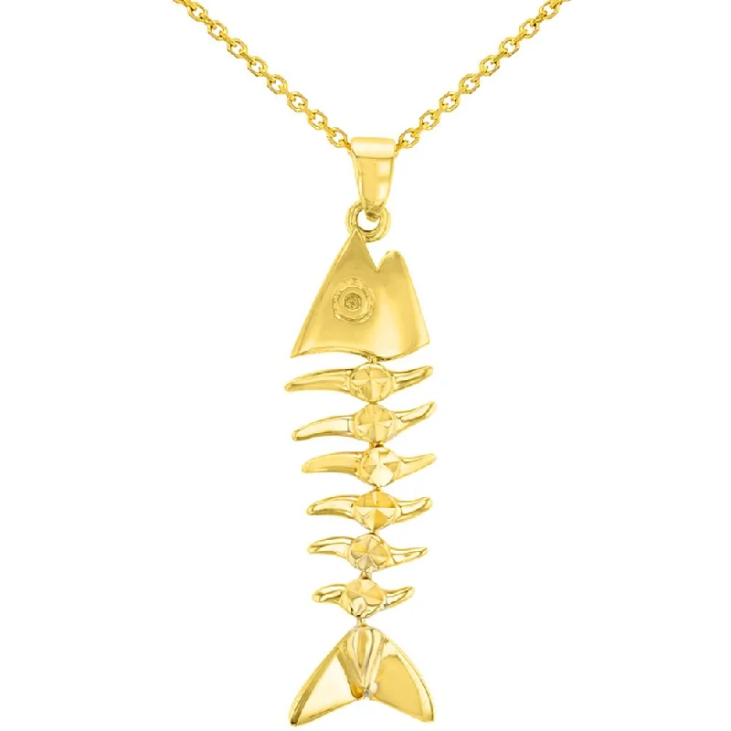 women boho necklaces -Solid 14K Yellow Gold Dangling Fishbones Pendant Necklace