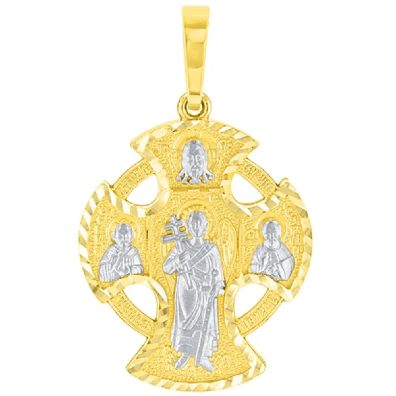 women chic gold necklaces -Solid 14K Yellow Gold Textured Celtic Cross Charm with Saints Pendant