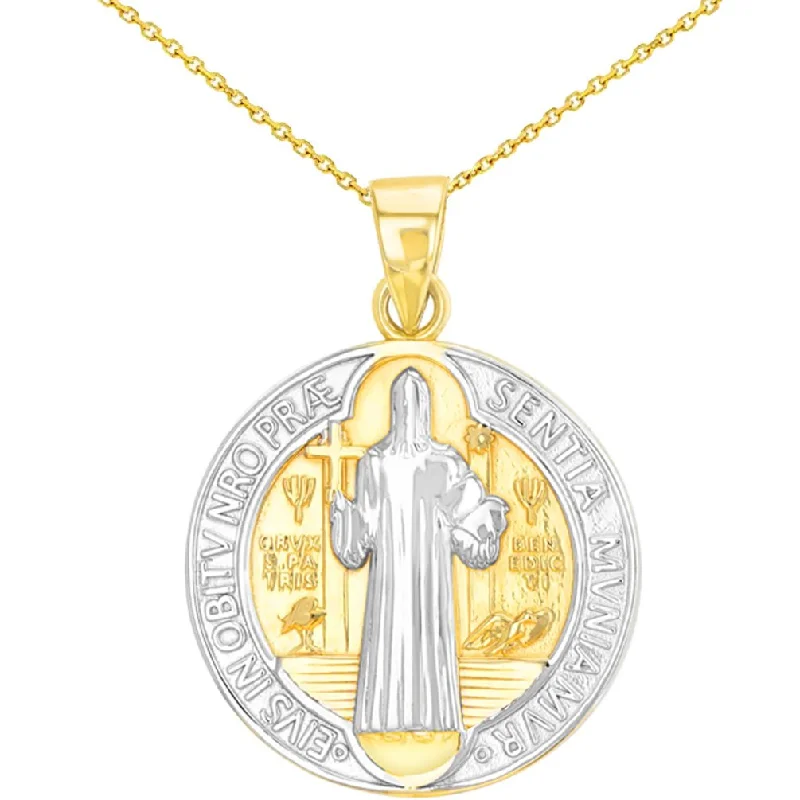 women engraved charm necklaces -Solid 14K Yellow Gold Polished St Benedict Medal Charm Saint Pendant Necklace