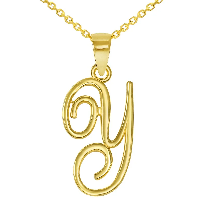 women engraved charm necklaces -14k Yellow Gold Elegant Script Letter Y Cursive Initial Pendant Necklace