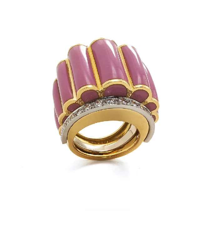 women personalized gemstone rings -Scallop Ring, Pink Enamel