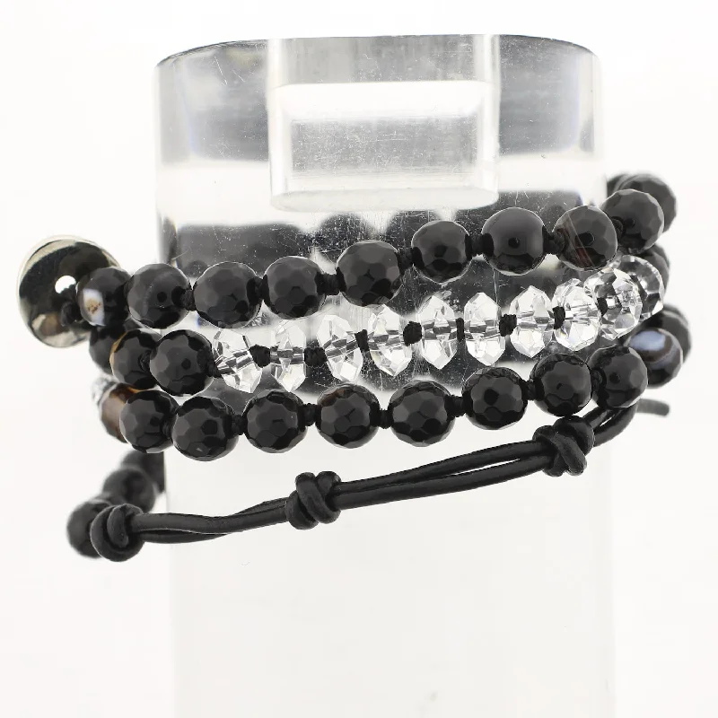 women double chain bracelets -Faceted Onyx and Clear Quartz Wrap Bracelet